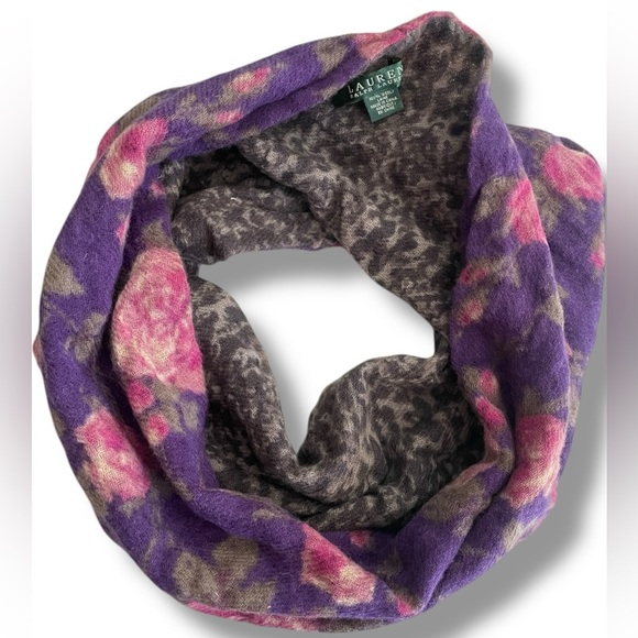 Lauren Ralph Lauren Purple Floral Wool Neck Warmer Scarf Gaiter Snood Leopard‎